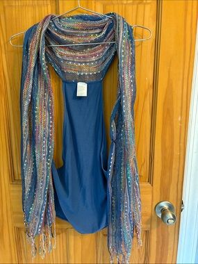 Blue Sleeveless Top with Attached Multicolor Fringe Scarf
